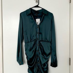 Forever 21 Woven Button Down Satin Ruched Dress